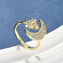 Настоящее золото 18K Манжеты из латуни с микро паве кубический цирконий для женщин, без кадмия, без никеля и без свинца, Луна и звезды, реальный 18 k позолоченный, размер США 6 (16.5 мм)