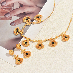 Золотой Комплект для женщин: колье и серьги-гвоздики в виде веера с ажурным кулоном из латуни в этническом стиле, украшенным микропаве из кубического циркония., золотые, ожерелья: 16.93 дюйм (43 см)
