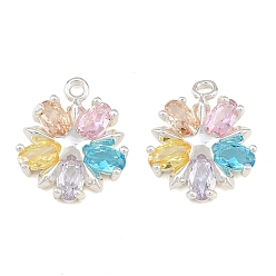 Silver Brass Pave Colorful Cubic Zirconia Charms, Flower Charms, Silver, 15x13x3mm, Hole: 1.2mm