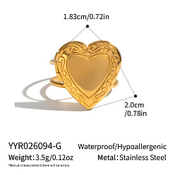 Real 18K Gold Plated 304 Stainless Steel Open Cuff Rings for Women, Heart, Locket Rings, Real 18K Gold Plated, 20mm, US Size 8 1/4(18.3mm)