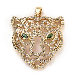Настоящее золото 18K Кулоны из латуни с микропейвом и прозрачным зеленым кубическим цирконием, долговечный, без свинца и без кадмия, голова тигра, реальный 18 k позолоченный, 28.5x27x4.5 мм, отверстие : 5x3 мм