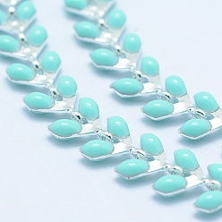 Голубой Латунные цепи для ручной работы , несварные, с эмалированными початками, долговечный, лист, платина, голубой, 6.5x6x0.5 мм