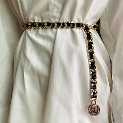 Золотой Сплав искусственная кожа плетеные поясные цепи для женщин, с плоскими круглыми прелести, чёрные, золотые, 1100 мм