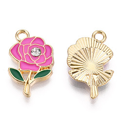 Rose Foncé Pendentifs en alliage de barillet, avec l'émail et strass, sans cadmium et sans nickel et sans plomb, fleur, or et de lumière, rose foncé, 18.5x11.5x2.5mm, Trou: 1.8mm
