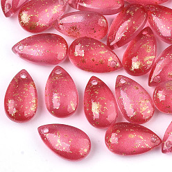 Red Transparent Spray Painted Glass Charms, with Glitter Powder, Frosted, Teardrop, Red, 14.5x8.5x5.5mm, Hole: 1mm