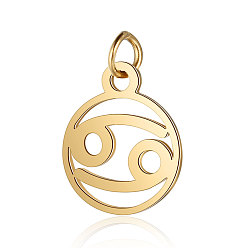 Cancer 201 Stainless Steel Charms, with Jump Rings, Polished, Flat Round with Constellation, Golden, Cancer, 13x11x1mm, Hole: 2.5mm