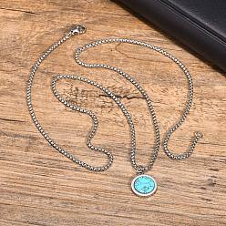 Turquoise Synthétique Turquoise synthétique 304 colliers pendentifs en acier inoxydable pour hommes, couleur inox, 23.62 pouce (60 cm)