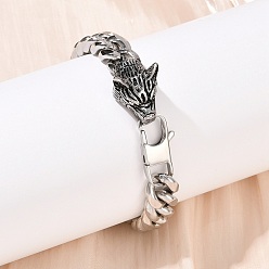 Античный Серебристый & Платиновый 304 браслеты из нержавеющей стали с кубинской цепочкой для мужчин, волк, старинное серебро и платина, 8-3/8 дюйм (21.4 см)