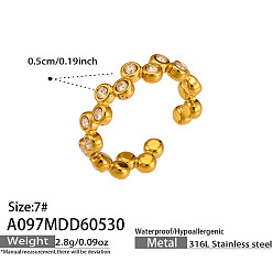Clear 316 Stainless Steel Pave Cubic Zirconia Cuff Open Rings, Round, Golden, Clear, US Size 7(17.3mm)