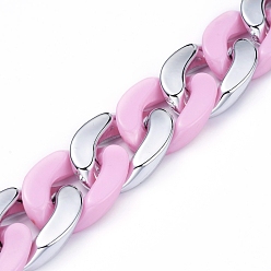 Pearl Pink Handmade Curb Chains, Cuban Link Chains, with Opaque Spray Painted Acrylic Linking Rings and CCB Plastic Linking Rings, for Jewelry Making, Pearl Pink, Link: 30x21x6mm, 30x20x6mm, 39.37 inch(1m)/strand