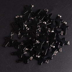 Black Stone Natural Black Stone Pendants, with Platinum Tone Brass Findings, Cross, 25x18mm