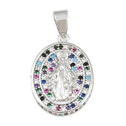 Colorido Micro latón allanan colgantes cúbicos del zirconia, óvalo con dijes de virgen maría, sin plomo y cadmio, chapado en rack, larga duración plateado, Platino, colorido, 21.5x16x4 mm, agujero: 4x6 mm