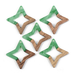 Green Opaque Resin & Walnut Wood Pendants, Star, Green, 29.5x29.5x3mm, Hole: 2mm