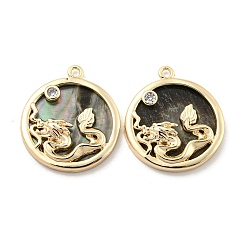 Настоящее золото 18K Латунные микропаве прозрачные подвески с фианитом, без кадмия, без никеля и без свинца, с черной оболочкой губ, плоский круглый с подвесками в виде дракона, реальный 18 k позолоченный, 20x17.5x3 мм, отверстие : 1.4 мм