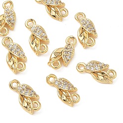 Real 18K Gold Plated SHEGRACE Brass Micro Pave Clear Cubic Zirconia Connector Charms, Leaf Links, Lead Free & Cadmium Free, Rack Plating, Long-Lasting Plated, Real 18K Gold Plated, 11x5.5x2.5mm, Hole: 1.2mm