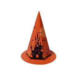 Castle Halloween Kraft Paper Boxes, Candy Boxes, Witch Hat-shaped, Dark Orange, Haunted House/Castle Pattern, 7x14.5cm