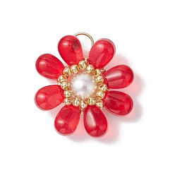 Красный Стеклянные подвески, с латунной фурнитурой , цветок, красные, 25.5x23.5x8 мм, отверстие : 6.5x3 мм