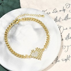 Настоящее золото 18K Латунь микро проложить кубического циркония браслеты ссылку, кубинская цепочка ювелирные изделия для женщин, сердце, реальный 18 k позолоченный, 7-3/8 дюйм (18.7 см), подвески: 30x20x4 мм