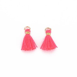 Hot Pink Polycotton(Polyester Cotton) Tassel Pendant Decorations, Mini Tassel, with Iron Findings and Metallic Cord, Light Gold, Hot Pink, 10~15x2~3mm, Hole: 1.5mm