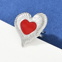 Красный Сердце 304 эмалированные перстни из нержавеющей стали для женщин, цвет нержавеющей стали, красные, Сердце: 27x24 mm, размер США 6 (16.5 мм)