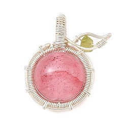 Green Jade Dyed Natural Green Jade Copper Wire Wrapped Pendants, Pink Apple Charms, Silver Color Plated, 23.5~24x20~21.5x12~12.5mm, Hole: 3.5~4.5x2.5~3.5mm