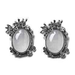 Хрусталь Природного кварца хрустальных подвесок, овальные подвески с латунными листьями, античное серебро, без свинца и без кадмия, 28x21x9 мм, отверстие : 6.5x3 мм