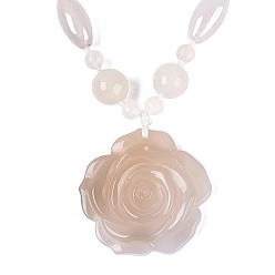 Natural Agate Natural White Agate Flower Pendant Necklaces, with Stainless Steel Clasps, Stainless Steel Color, 18.50 inch(47cm)~20.67 inch(52.5cm)