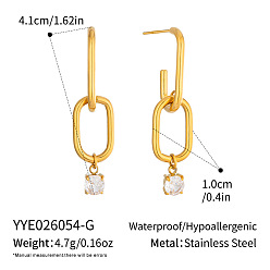 Golden 304 Stainless Steel Cubic Zirconia Stud Dangle Earrings Women, Round with Oval, Half Hoop Earrings, Golden, 41x10mm