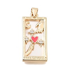 Real 18K Gold Plated Brass Micro Pave Clear Cubic Zirconia with Pink Enamel Pendants, with Shell, Rectangle with Heart Charms, Rack Plating, Long-Lasting Plated, Cadmium Free & Lead Free, Real 18K Gold Plated, 28.5x13.5x3mm, Hole: 4x3.5mm