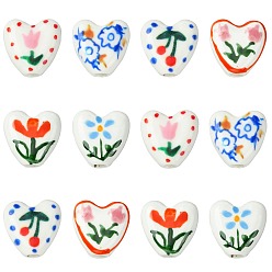 Mixed Color 12Pcs 6 Colors Handmade Porcelain Ceramic Beads, Heart with Flower Pattern, Famille Rose Style, Mixed Color, 15x15x7mm, Hole: 3mm, 2pcs/color