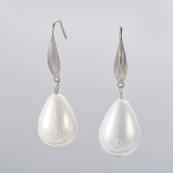 Shell Teardrop Shell Pearl Bead Dangle Earrings, with 304 Stainless Steel Finding and Brass Finding, 43mm, Pin: 0.7mm