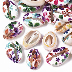 Coloré Perles de coquillage cauri naturel imprimées, pas de trous / non percés, avec motif de fleurs, colorées, 18~25x12~15x7mm