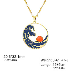 Golden 304 Stainless Steel Enamel Blue Sea Wave with Sun Pendant Necklaces for Women, Ring, Golden, 17.72 inch(45cm), Pendant: 29.6x32.1mm