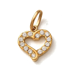 Oro 304 dijes de circonita cúbica transparentes micro pavé de acero inoxidable, encantos del corazón, revestimiento de iones (ip), dorado, 10x9x1.5 mm, agujero: 4x2 mm