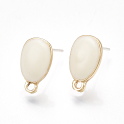 Beige Alloy Stud Earring Findings, with Raw(Unplated) Pins, Enamel and Loop, Teardrop, Light Gold, Beige, 13x8mm, Hole: 1.4mm, Pin: 0.7mm