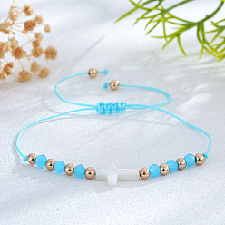 Темно-Голубой Регулируемые браслеты из плетеных бусин из стекла и латуни, украшения в виде креста из натуральных ракушек для женщин, глубокое синее небо, 11.02 дюйм (28 см)