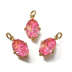 Темно-Розовый Латунь прелести, овальные, со стеклом и петлей, долгоиграющий, без свинца и без кадмия, реальный 18 k позолоченный, граненые, темно-розовыми, 13.5x8.5x4.5 мм, отверстие : 2 мм