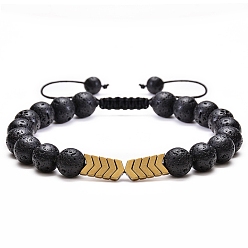 Gold Natural Lava Rock & Synthetic Hematite Arrow Braided Bead Bracelet, Essential Oil Gemstone Jewelry for Women, Gold, 7~11-3/4 inch(17.78~29.972cm)