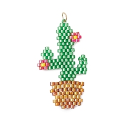 Зеленый Подвески в виде кактусов из стеклянных бус, с 304 кольцами из нержавеющей стали, реальный 18 k позолоченный, зелёные, 36x20x2 мм, отверстие : 3 мм