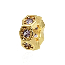 Золотой Волнообразный край плоский круглый стойка покрытие латунь кубический цирконий европейские бусины, бусины с большим отверстием, долговечный, золотые, 8.5~9x4 мм, отверстие : 4 мм