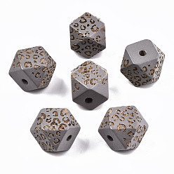 Светло-серый Расписные бусы из натурального дерева, лазерная гравировка, граненые, многоугольник с леопардовым принтом, светло-серый, 16x15.5~16.5x15.5~16.5 мм, отверстие : 3 мм