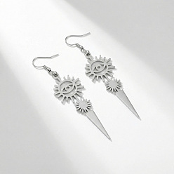 Stainless Steel Color 304 Stainless Steel & 201 Stainless Steel Dangle Earrings, Sun with Evil Eye, Stainless Steel Color, 18x70mm