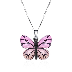 Бледно-Розовый Ожерелья с подвесками в виде бабочек из смолы, ожерелья из нержавеющей стали, цвет нержавеющей стали, розовый жемчуг, 14.96 дюйм (38 см)