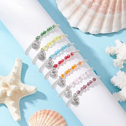 Mixed Color 7Pcs Glass Seed Beads Braided Bracelets, Alloy Shell Shape Charms Bracelets, with Glass Beads, Mixed Color, Inner Diameter: 2 ~3-1/8inch(5.15~8cm)