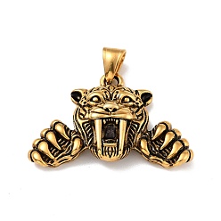 Antique Golden PVD Vacuum Plating 304 Stainless Steel Pendants, Tiger Head, Antique Golden, 31x44x10mm, Hole: 8x4mm