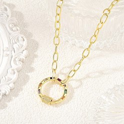 Real 18K Gold Plated Brass Paperclip Chain Necklaces with Colorful Cubic Zirconia Ring Carabiner Locks for Women, Real 18K Gold Plated, 15.75 inch(40cm)