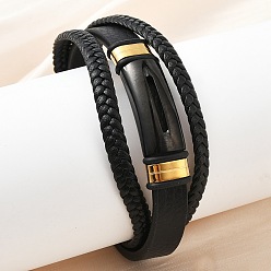 Noir Bracelets multibrins en cordon de cuir et microfibre tressée, Bracelets en acier inoxydable pour femmes et hommes, avec fermoir magnétique, noir, 304 pouce (8.66 cm),  largeur de 22 mm