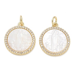 Chapado en Oro Real 18K Colgantes de circonita cúbica transparente micro pavé de latón chapado en rack, redondo plano con encantos de la virgen maría, con concha blanca natural y anilla de salto, sin plomo y cadmio, larga duración plateado, real 18 k chapado en oro, 18x15x2.8 mm, agujero: 3.5 mm
