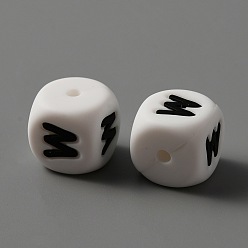 Letter M Пищевые экологически чистые силиконовые бусины, белый куб с черной буквой, letter.m, 12x12x12 мм, отверстие : 2 мм