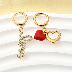 Настоящее золото 18K Сердце и слово «любовь» 304 серьги-кольца из нержавеющей стали с микропаве из прозрачных кубических цирконий, с эмалью, слева и справа, реальный 18 k позолоченный, 34x13 мм